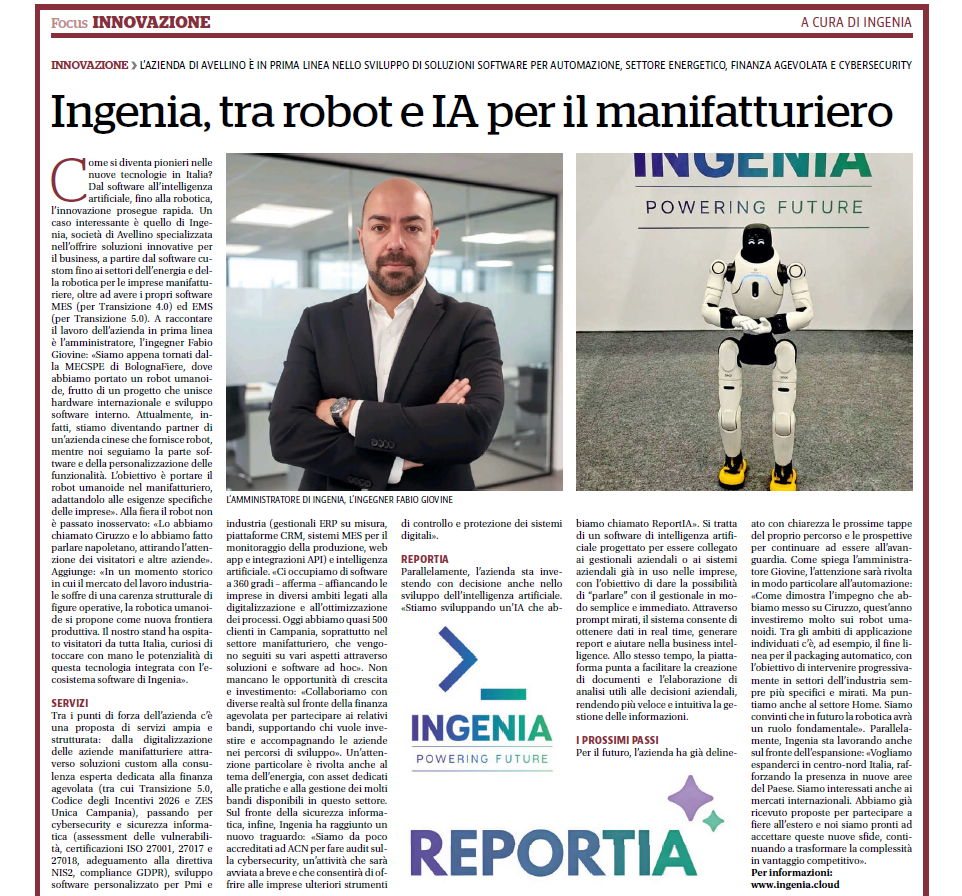 Ingenia su la Repubblica: robot umanoidi e intelligenza artificiale per il manifatturiero italiano
